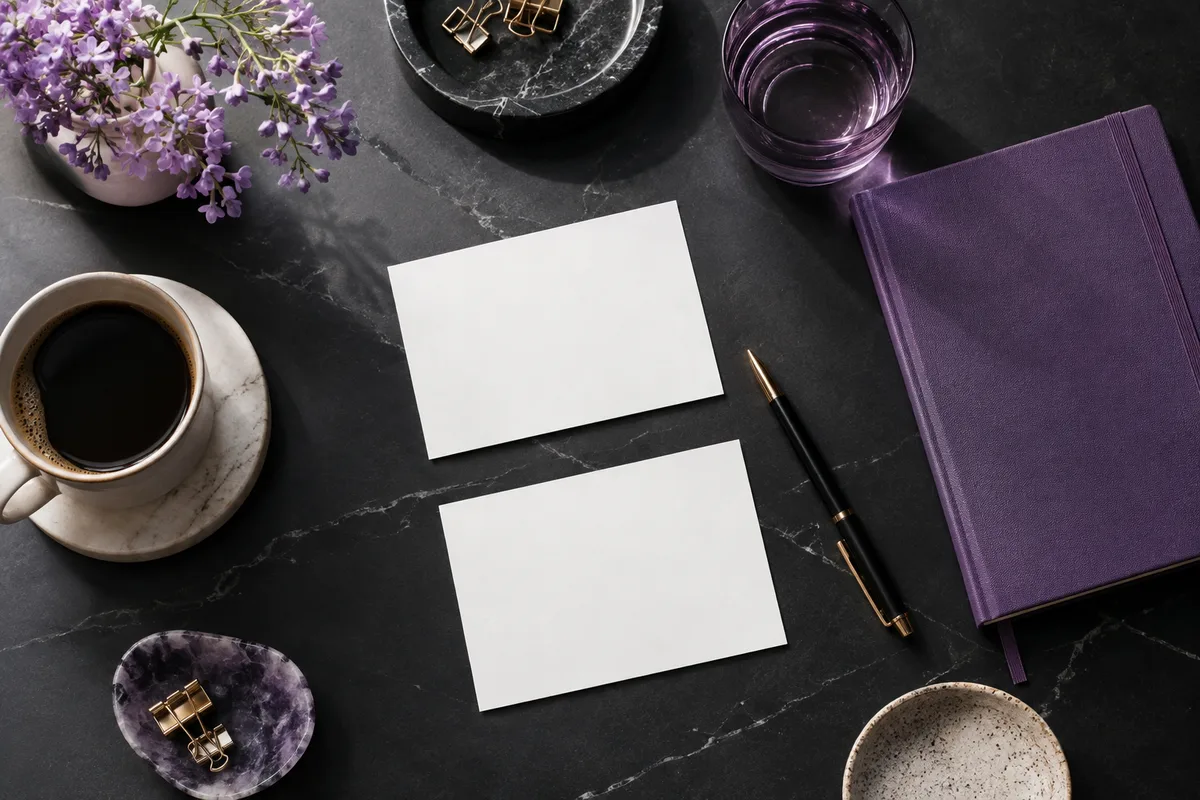 A notebook and planning cards arranged for a strategy session