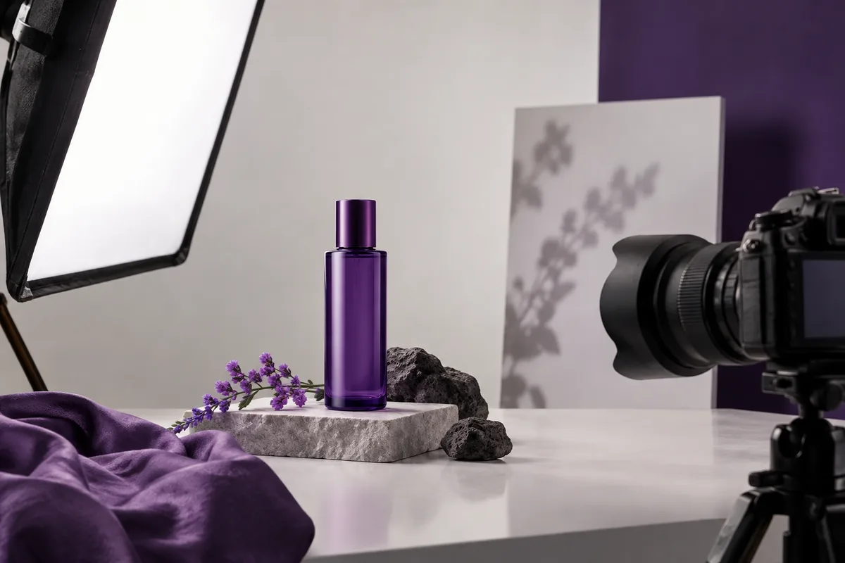 A product arranged with a camera and lighting for advertising creative