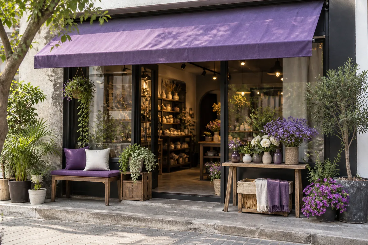 A neighbourhood storefront with a purple awning