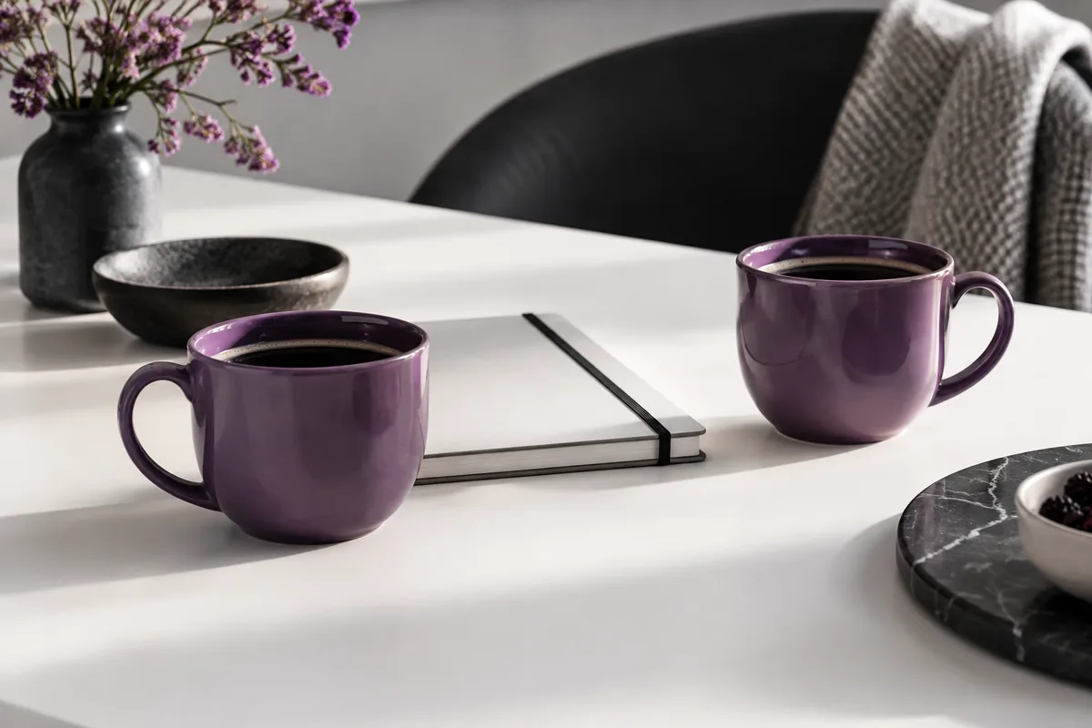 Two cups and a notebook ready for a business conversation