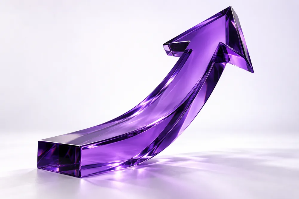 Purple glass arrow rising upwards