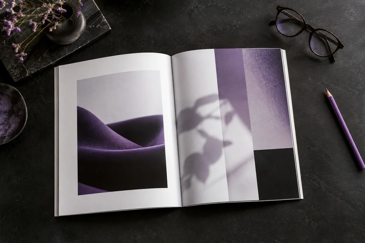 An open editorial magazine and reading glasses