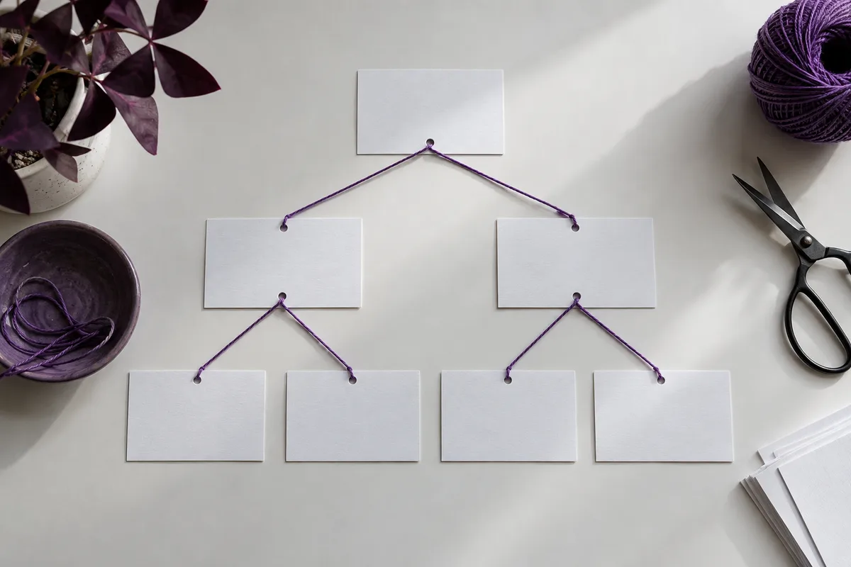 Connected index cards representing the website page structure