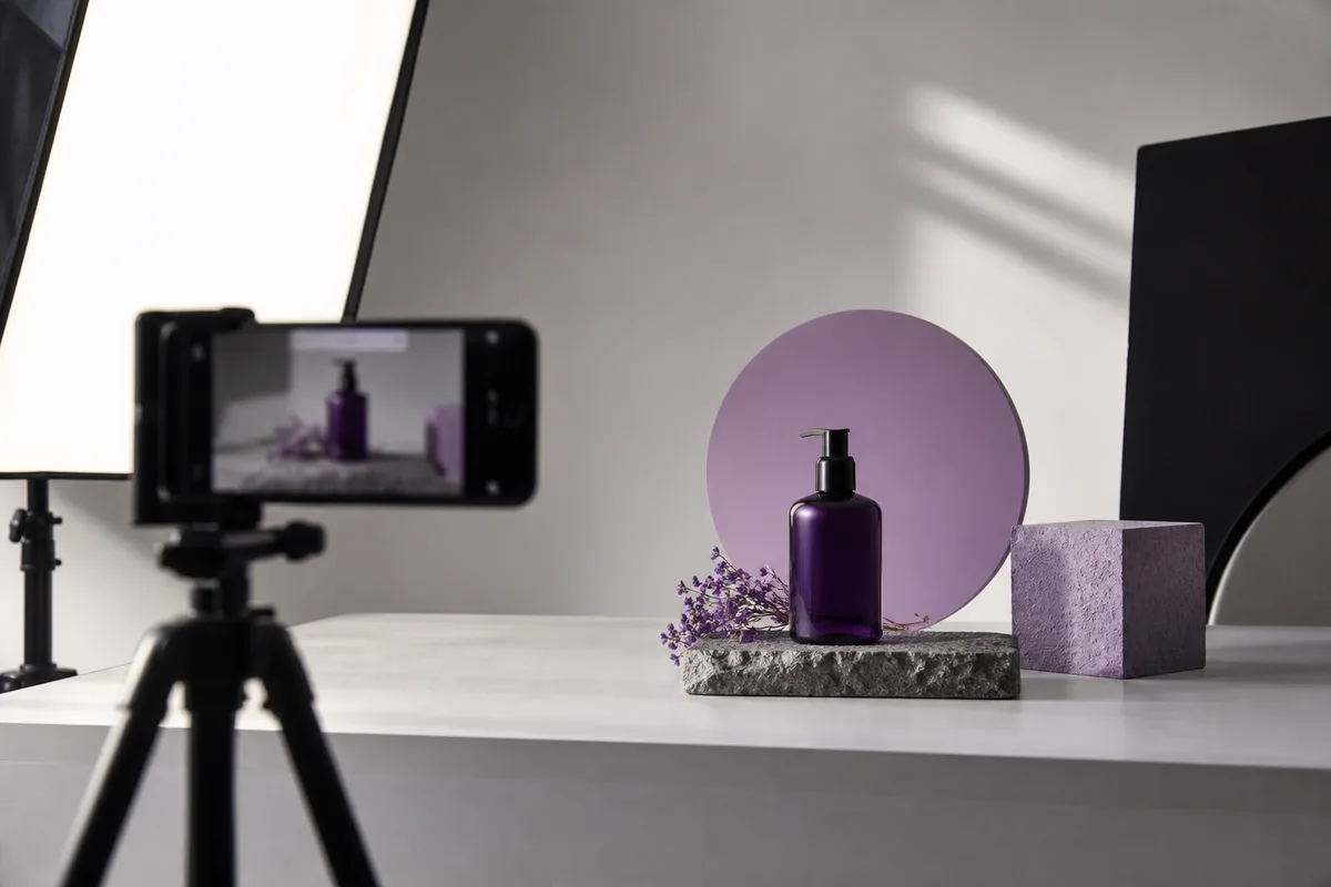 A phone and studio lighting set up to create social media content