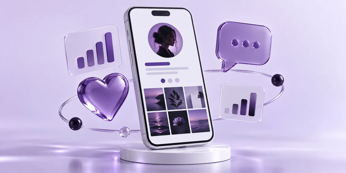 Social profile on a smartphone with likes, comments and engagement bars