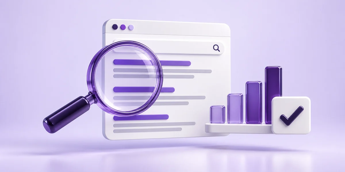 Website search results examined with a magnifying glass and analysis chart