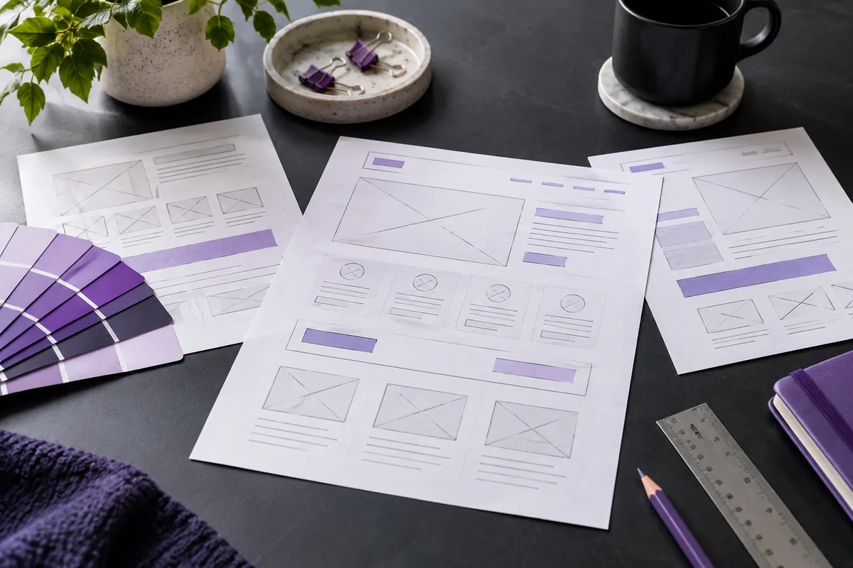 Website wireframes, a ruler and colour swatches on a design desk