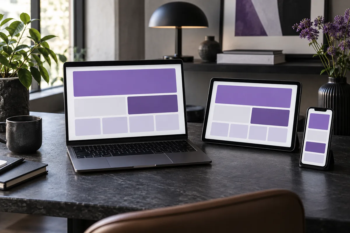 A laptop, tablet and phone displaying coordinated responsive layouts